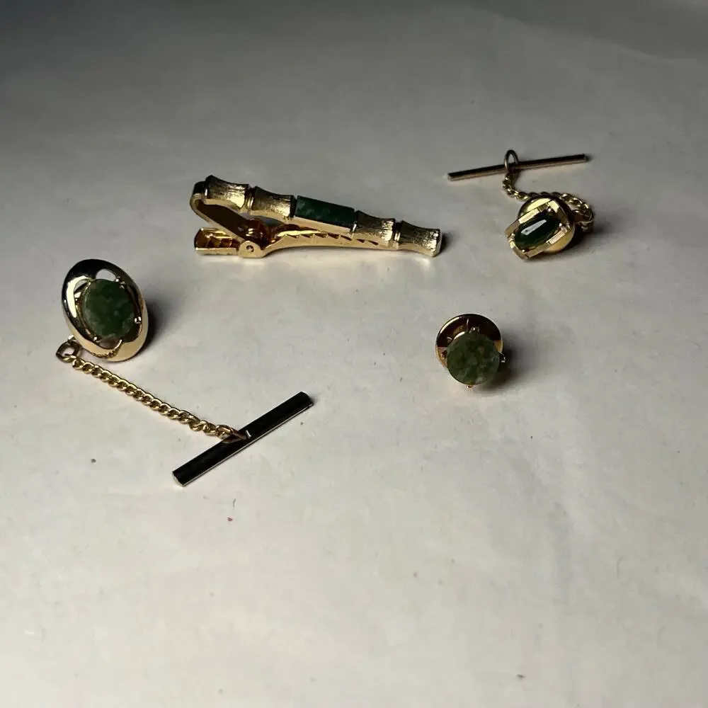 Tie Tacks Jade Yellow Gold plated tie tacks and lapel pin